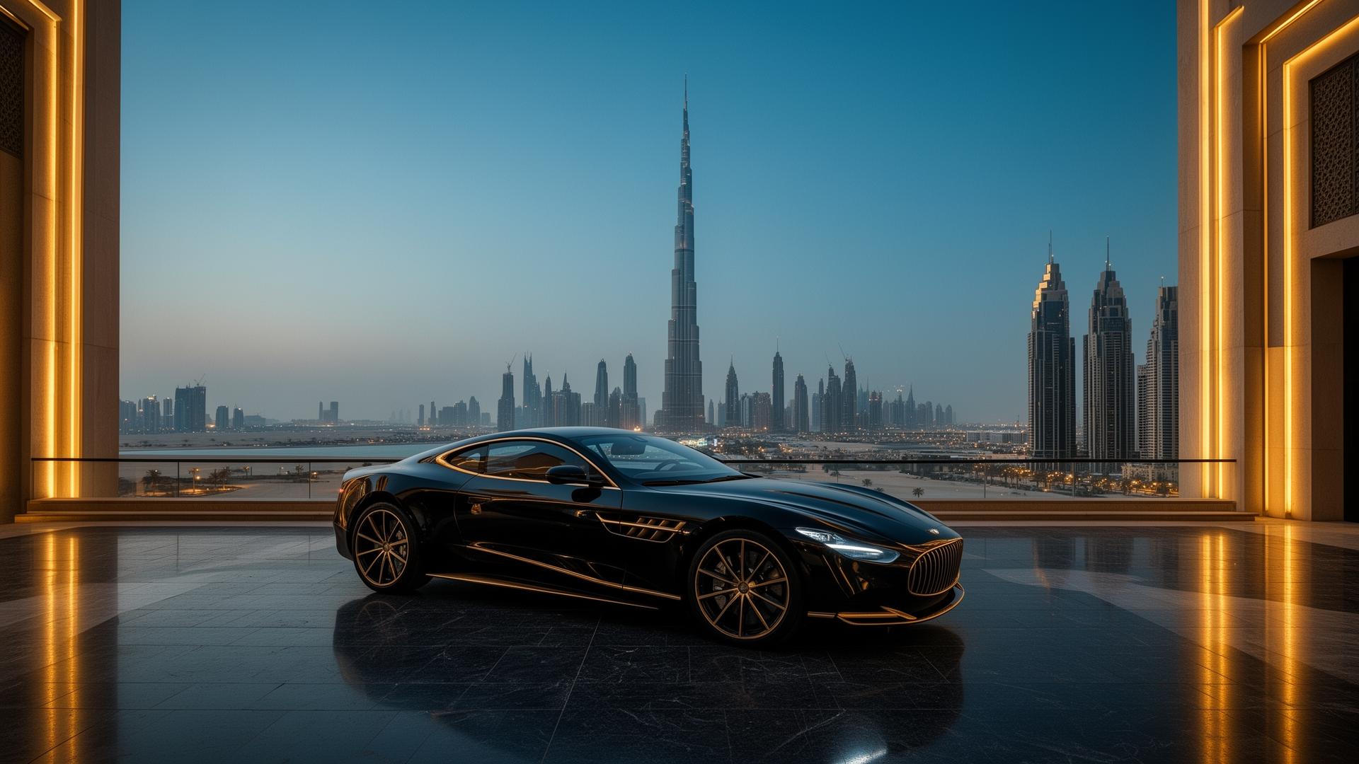 Supercarro de luxo preto com vista para o horizonte das palmeiras